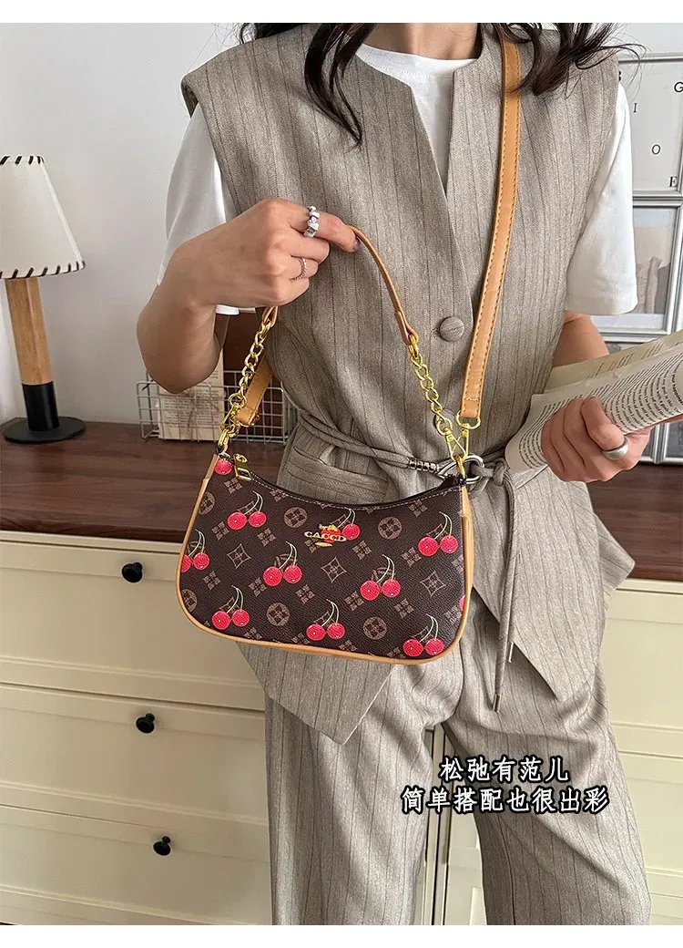 Tas Bahu Wanita Bahan PU Sintetis Motif Print Warna Merah Bentuk Crescent Tali Grosir Import