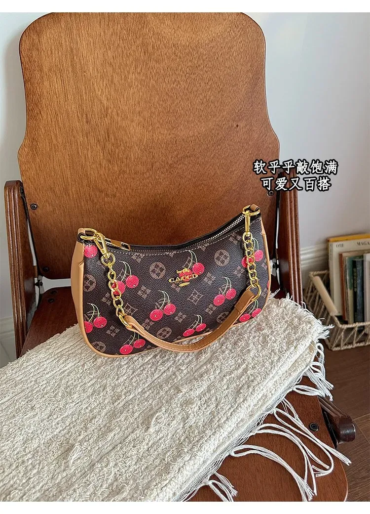 Tas Bahu Wanita Bahan PU Sintetis Motif Print Warna Merah Bentuk Crescent Tali Grosir Import