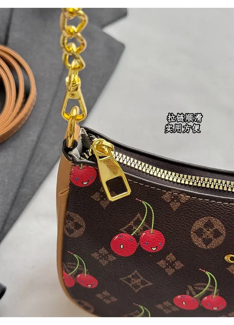 Tas Bahu Wanita Bahan PU Sintetis Motif Print Warna Merah Bentuk Crescent Tali Grosir Import