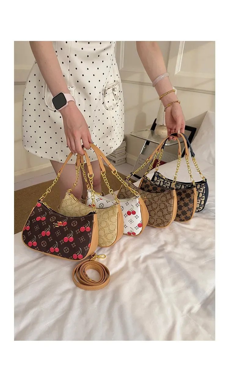 Tas Bahu Wanita Bahan PU Sintetis Motif Print Warna Merah Bentuk Crescent Tali Grosir Import