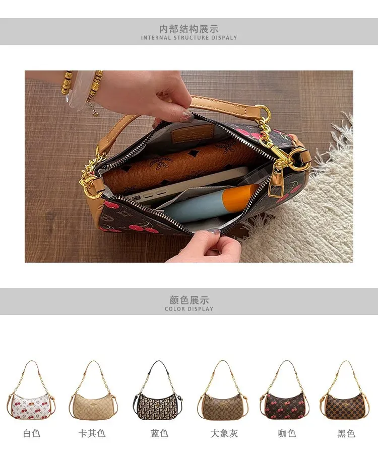 Tas Bahu Wanita Bahan PU Sintetis Motif Print Warna Merah Bentuk Crescent Tali Grosir Import