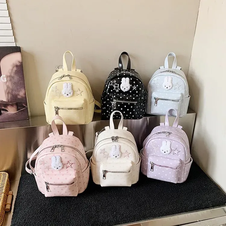 Tas Ransel Anak Bahan PU Sintetis Motif Polkadot Warna Hitam Bentuk Kotak Tali Grosir Import