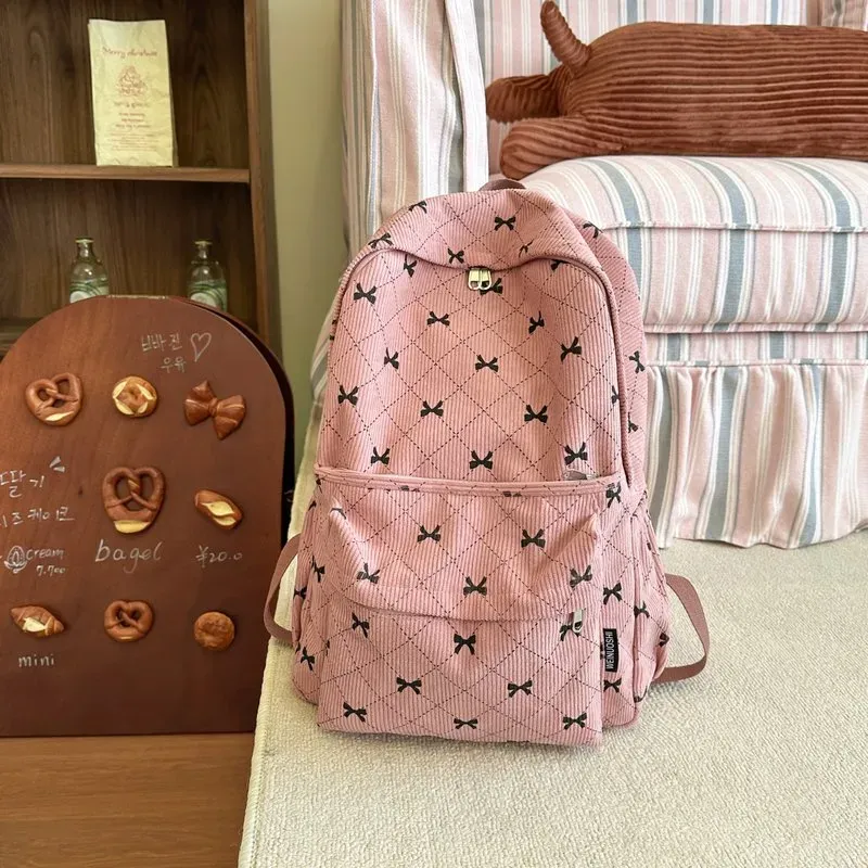 Tas Ransel Wanita Bahan Oxford Motif Bow Bentuk Kotak Tali Panjang Resleting Grosir Import