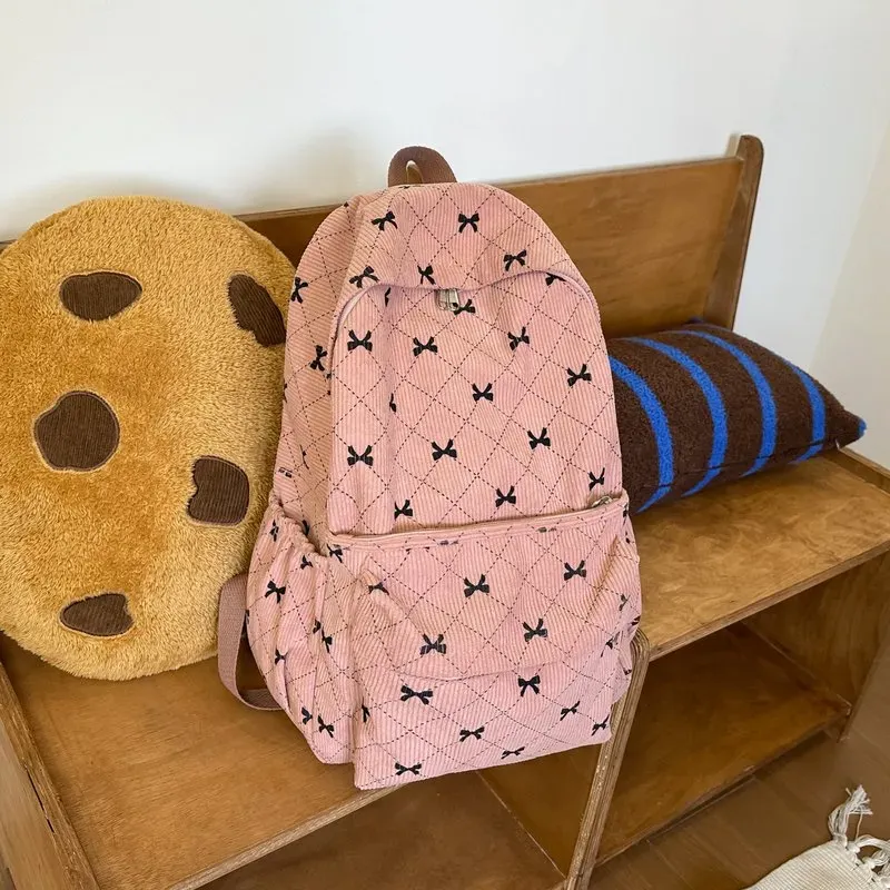 Tas Ransel Wanita Bahan Oxford Motif Bow Bentuk Kotak Tali Panjang Resleting Grosir Import