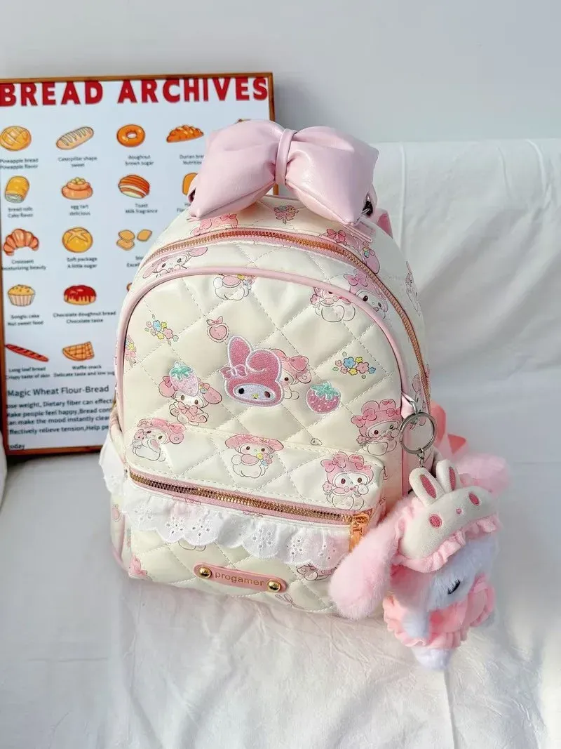 Tas Ransel Anak Bahan PU Sintetis Motif Print Warna Putih Bentuk Kotak Tali Dengan Gantungan