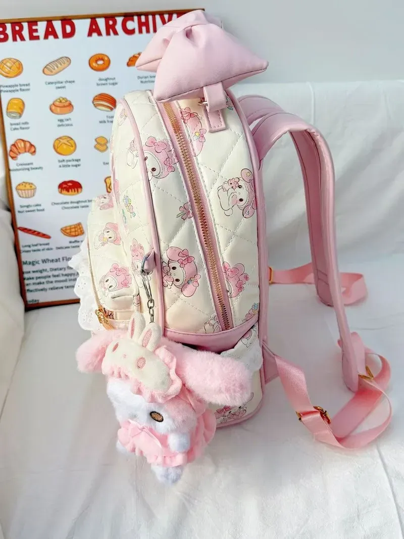 Tas Ransel Anak Bahan PU Sintetis Motif Print Warna Putih Bentuk Kotak Tali Dengan Gantungan