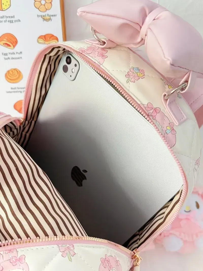 Tas Ransel Anak Bahan PU Sintetis Motif Print Warna Putih Bentuk Kotak Tali Dengan Gantungan
