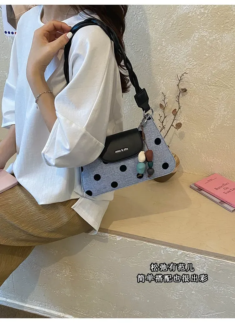 Tas Selempang Wanita Bahan PU Sintetis Motif Polkadot Warna Hitam Bentuk Kotak untuk Reseller