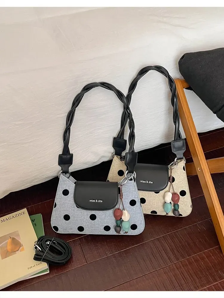 Tas Selempang Wanita Bahan PU Sintetis Motif Polkadot Warna Hitam Bentuk Kotak untuk Reseller