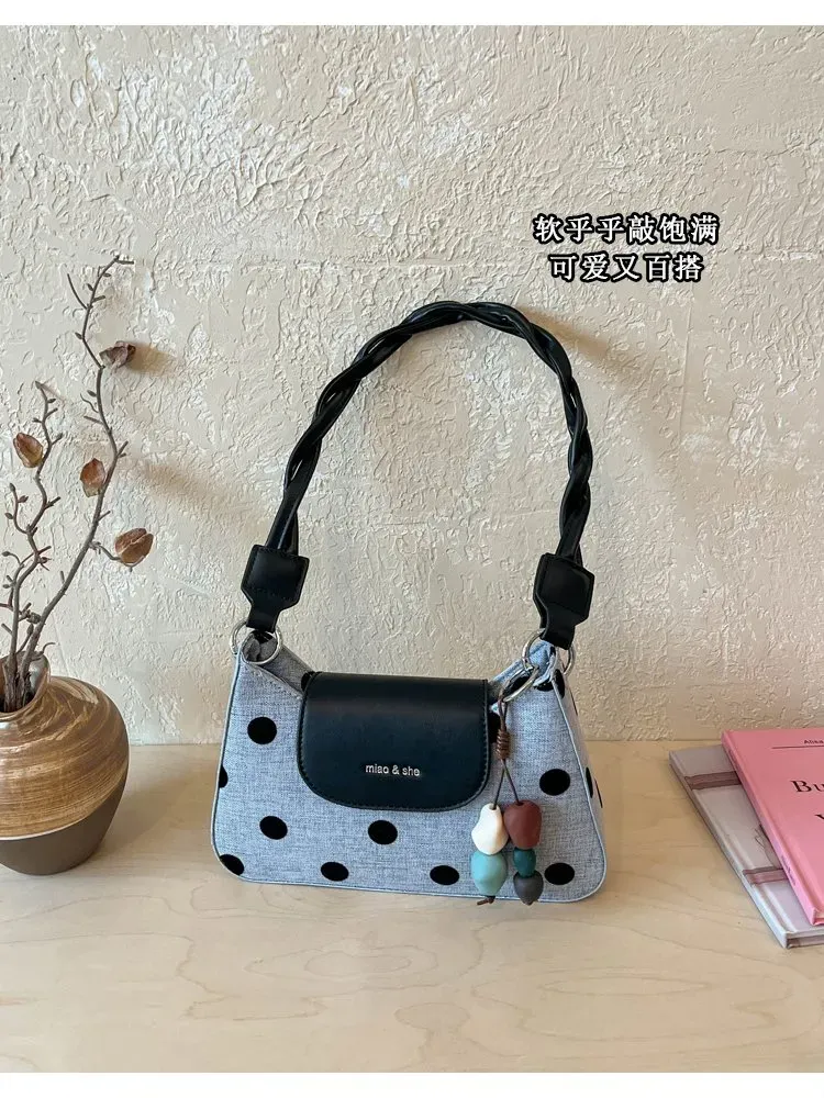 Tas Selempang Wanita Bahan PU Sintetis Motif Polkadot Warna Hitam Bentuk Kotak untuk Reseller