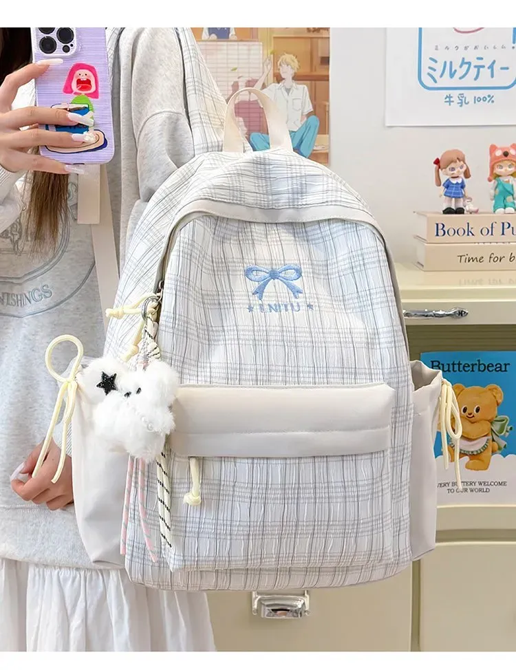 Tas Ransel Wanita Bahan Nylon Motif Print Warna Putih Bentuk Kotak Tali Lebar Motif Kotak