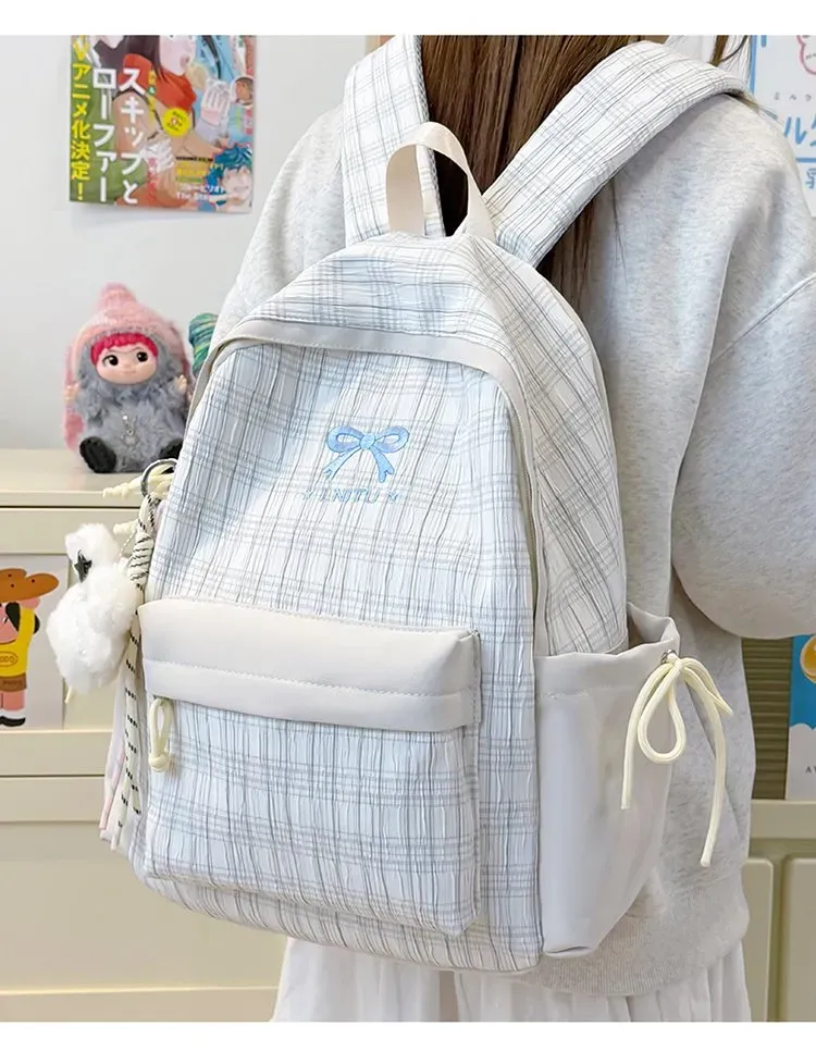 Tas Ransel Wanita Bahan Nylon Motif Print Warna Putih Bentuk Kotak Tali Lebar Motif Kotak
