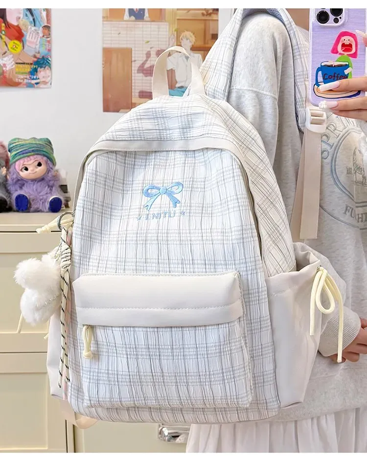 Tas Ransel Wanita Bahan Nylon Motif Print Warna Putih Bentuk Kotak Tali Lebar Motif Kotak