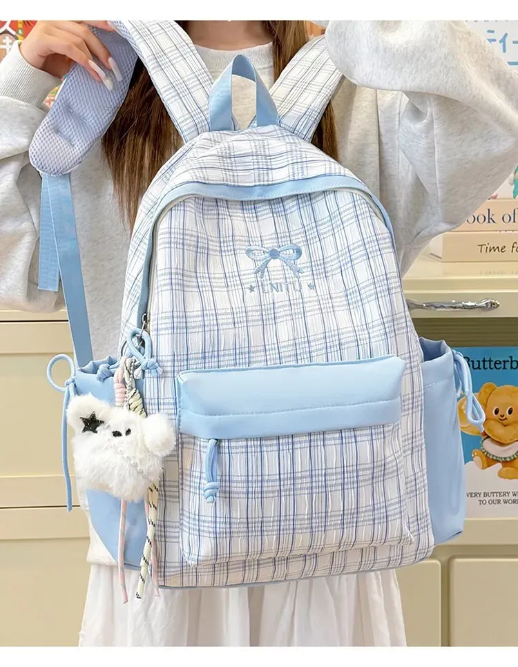 Tas Ransel Wanita Bahan Nylon Motif Print Warna Putih Bentuk Kotak Tali Lebar Motif Kotak