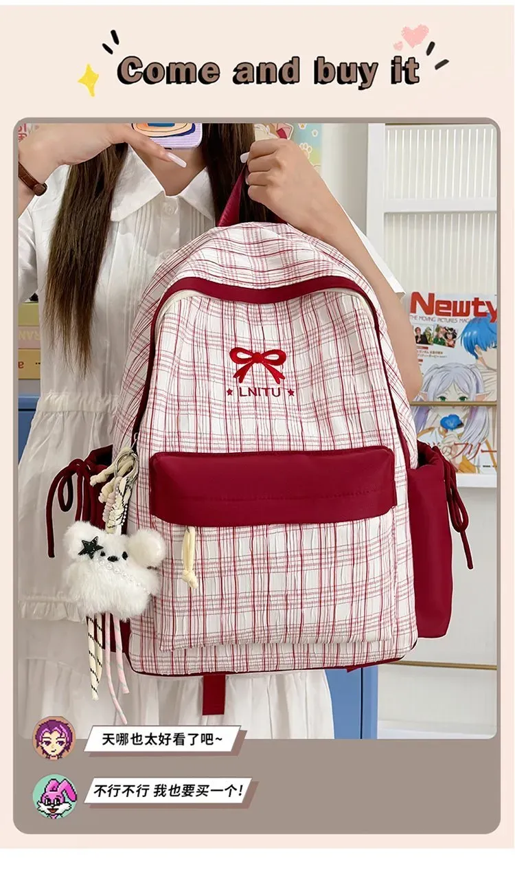 Tas Ransel Wanita Bahan Nylon Motif Print Warna Putih Bentuk Kotak Tali Lebar Motif Kotak