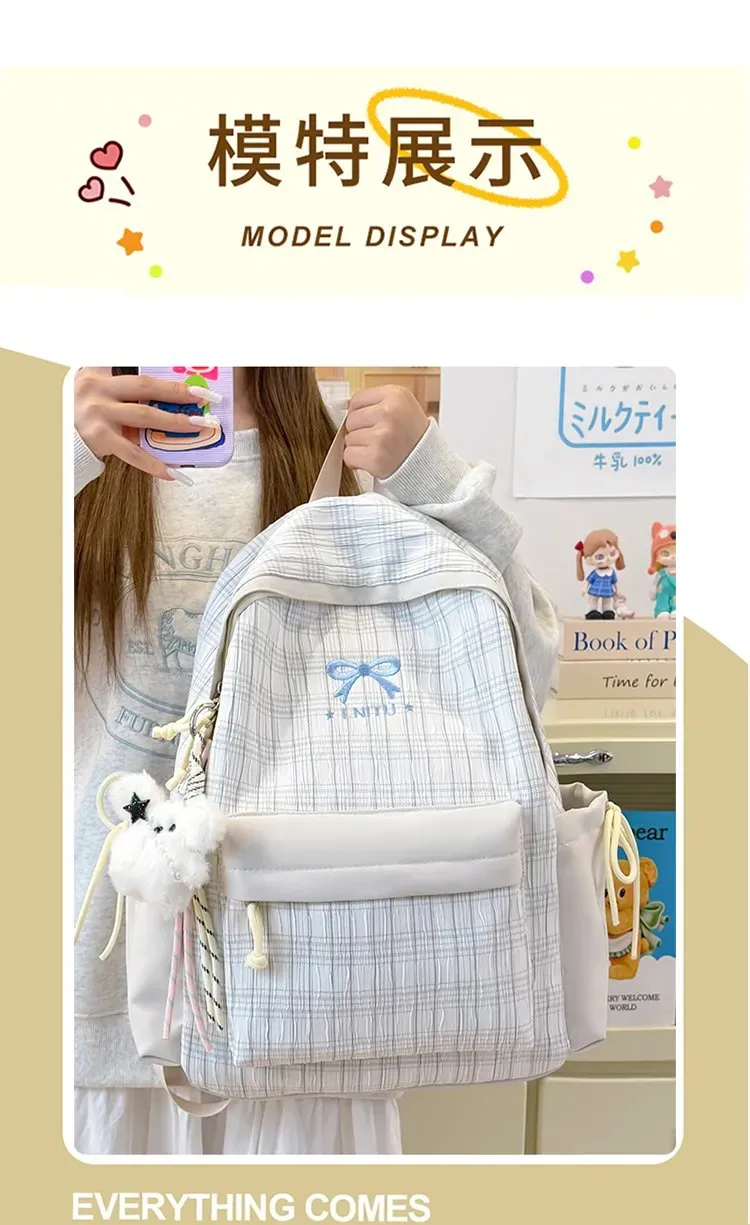 Tas Ransel Wanita Bahan Nylon Motif Print Warna Putih Bentuk Kotak Tali Lebar Motif Kotak