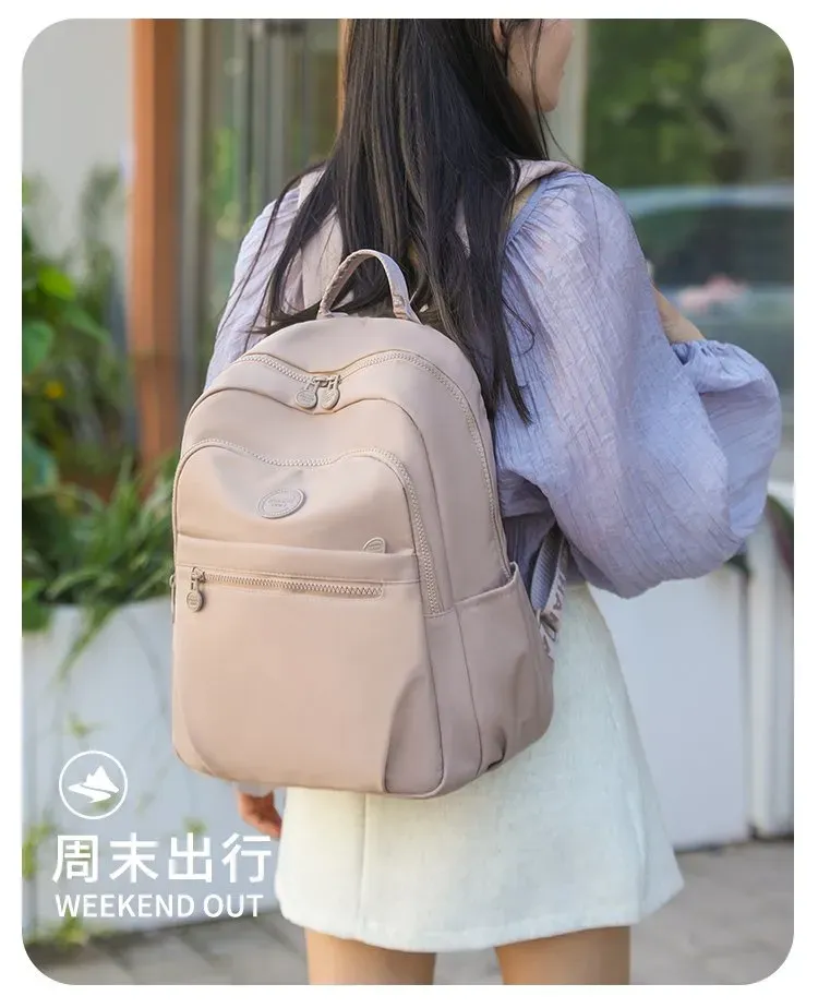 Tas Ransel Wanita Bahan Nylon Polos Warna Pink Bentuk Kotak Tali Lebar Resleting untuk Kerja