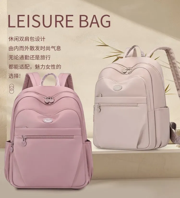 Tas Ransel Wanita Bahan Nylon Polos Warna Pink Bentuk Kotak Tali Lebar Resleting untuk Kerja