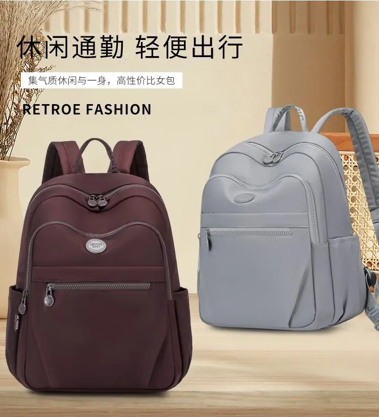 Tas Ransel Wanita Bahan Nylon Polos Warna Pink Bentuk Kotak Tali Lebar Resleting untuk Kerja