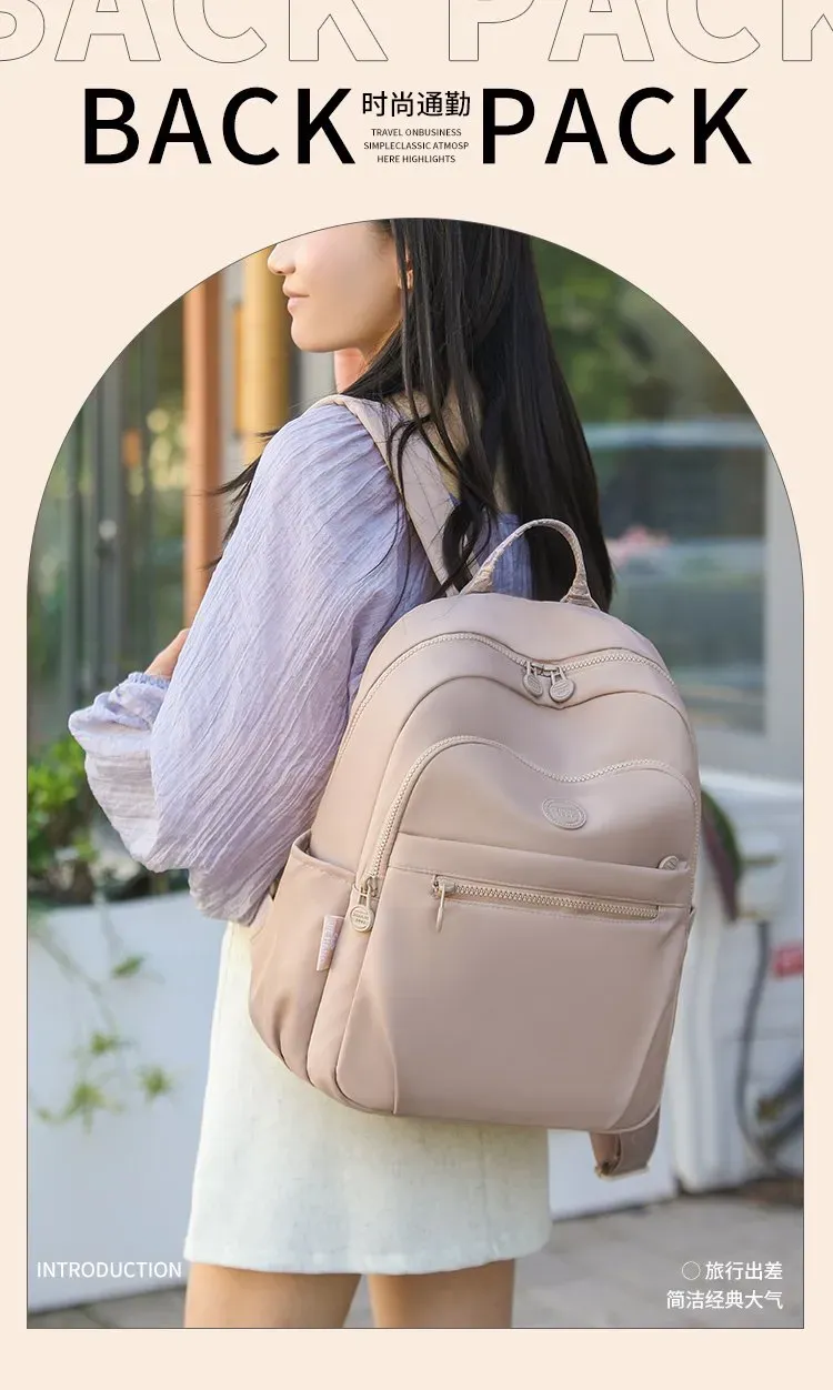 Tas Ransel Wanita Bahan Nylon Polos Warna Pink Bentuk Kotak Tali Lebar Resleting untuk Kerja