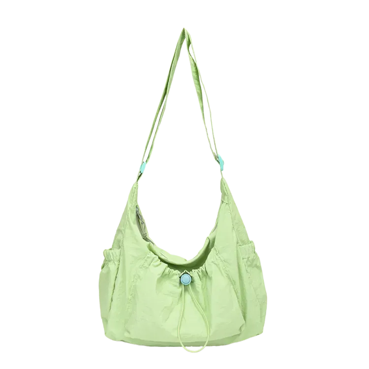 Tas Selempang Wanita Bahan Nylon Polos Warna Hijau Model Hobo Tali Panjang Grosir Import