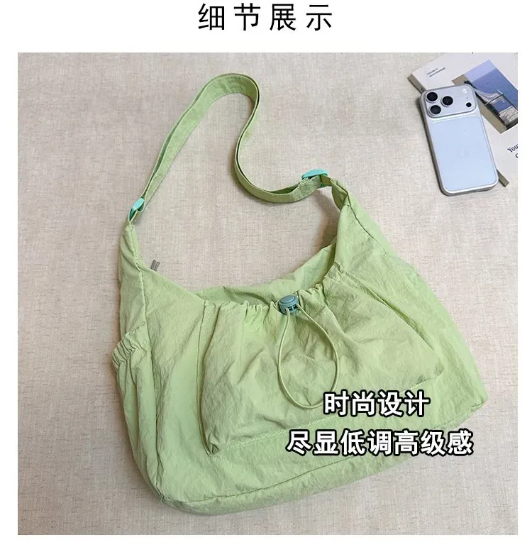 Tas Selempang Wanita Bahan Nylon Polos Warna Hijau Model Hobo Tali Panjang Grosir Import