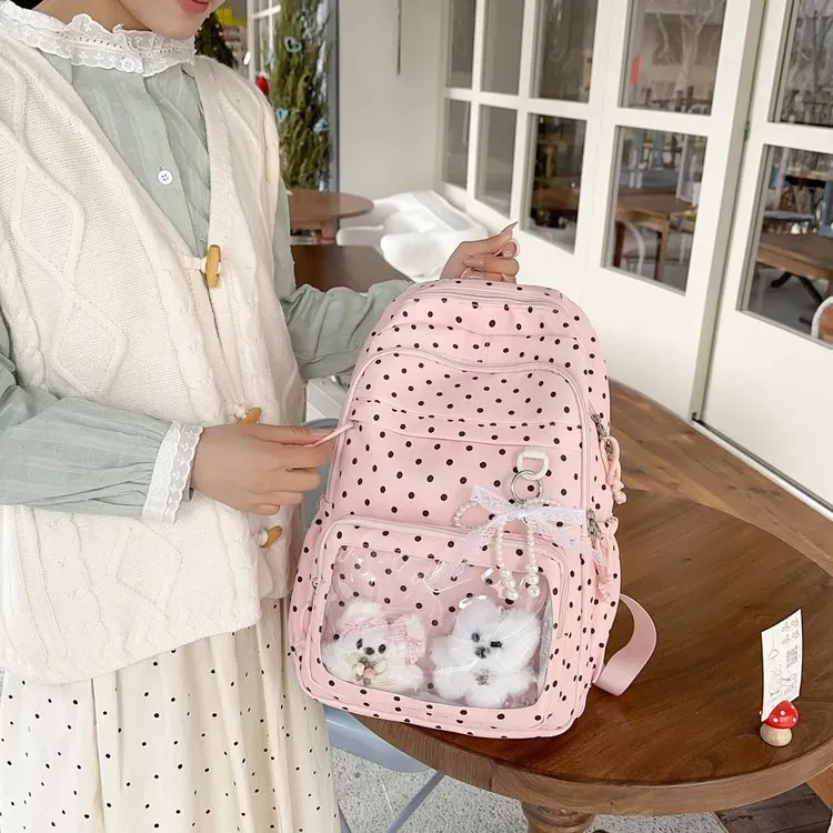 Tas Ransel Wanita Bahan Nylon Motif Polkadot Warna Pink Bentuk Kotak Tali Lebar Resleting