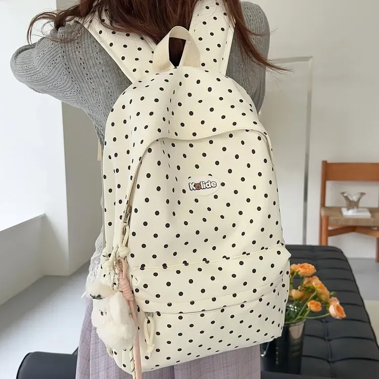 Tas Ransel Wanita Bahan Nylon Motif Polkadot Warna Pink Bentuk Kotak Tali Lebar Resleting