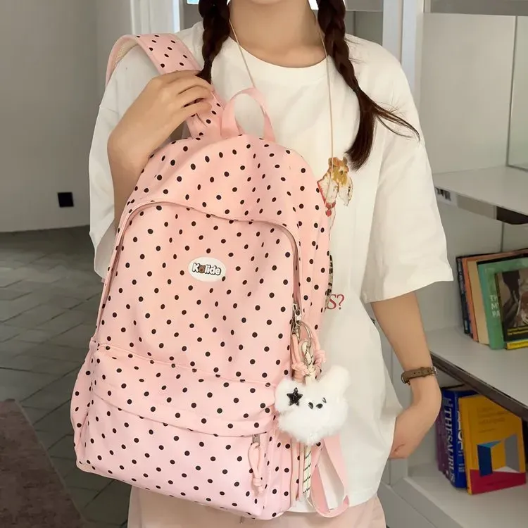 Tas Ransel Wanita Bahan Nylon Motif Polkadot Warna Pink Bentuk Kotak Tali Lebar Resleting