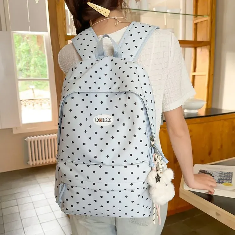 Tas Ransel Wanita Bahan Nylon Motif Polkadot Warna Pink Bentuk Kotak Tali Lebar Resleting