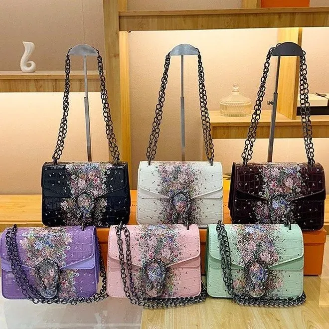 Tas Selempang Wanita Bahan PU Sintetis Motif Print Warna Hijau Bentuk Kotak Tali untuk Toko