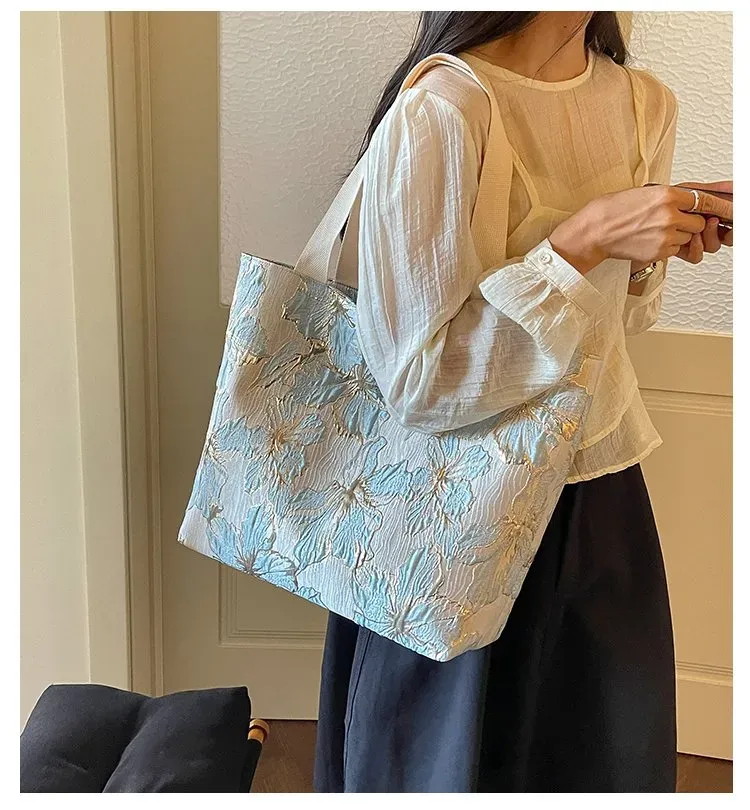 Tas Selempang Wanita Bahan PU Sintetis Motif Floral Warna Biru Bentuk Kotak Tali Grosir Import