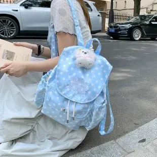 Tas Ransel Wanita Bahan PU Sintetis Motif Polkadot Warna Biru Bentuk Kotak Tali Grosir Import