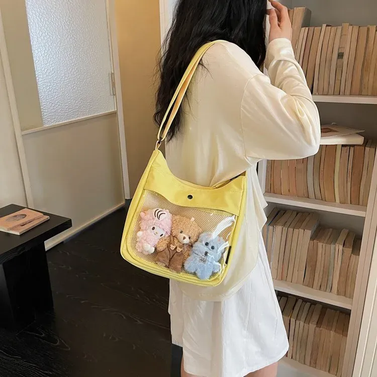 Tas Selempang Wanita Bahan Nylon Polos Warna Kuning Bentuk Kotak Tali Panjang Grosir Import