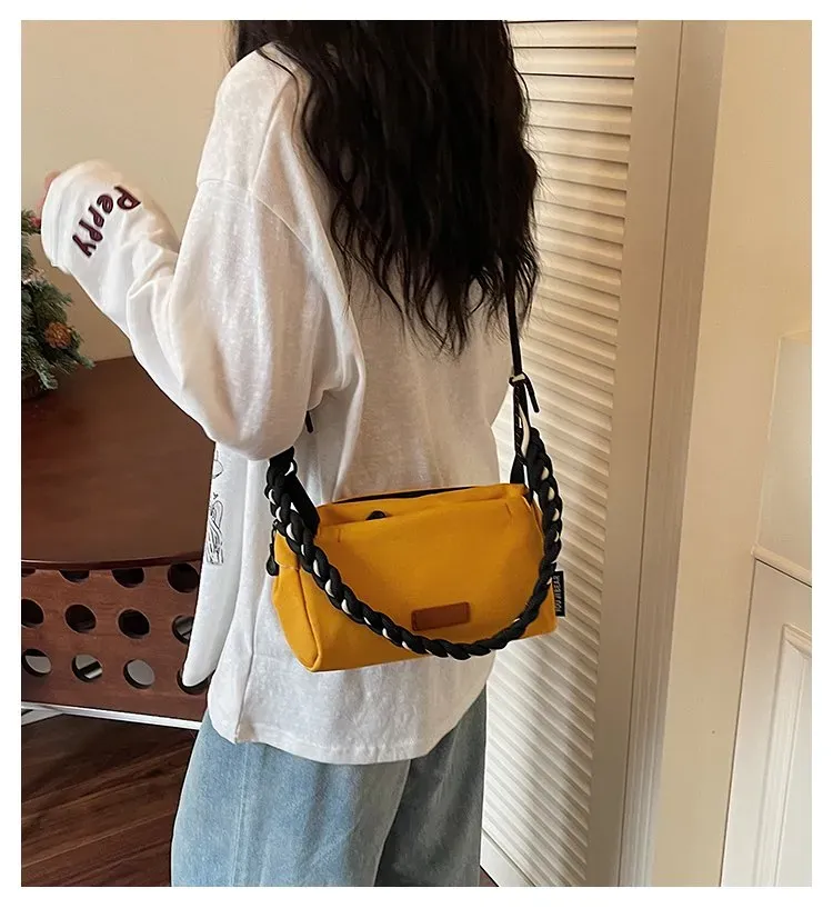 Tas Selempang Wanita Bahan PU Sintetis Polos Warna Kuning Bentuk Kotak Tali Resleting Grosir