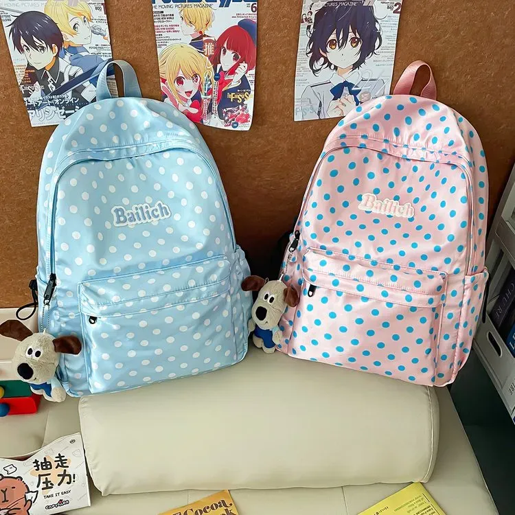 Tas Ransel Wanita Bahan Nylon Motif Polkadot Warna Merah Bentuk Kotak Tali Grosir Import