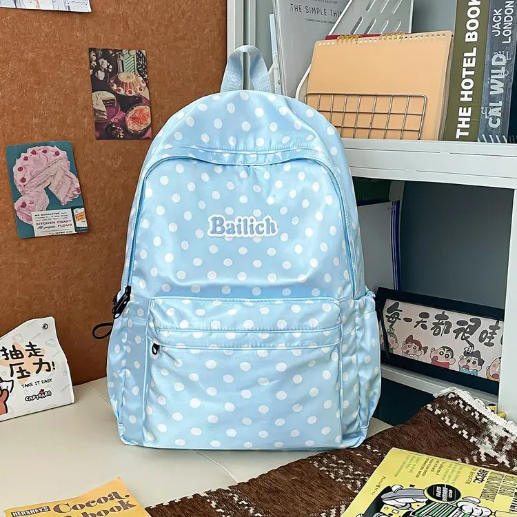 Tas Ransel Wanita Bahan Nylon Motif Polkadot Warna Merah Bentuk Kotak Tali Grosir Import