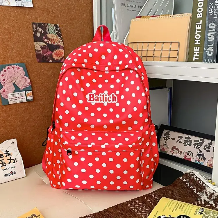 Tas Ransel Wanita Bahan Nylon Motif Polkadot Warna Merah Bentuk Kotak Tali Grosir Import