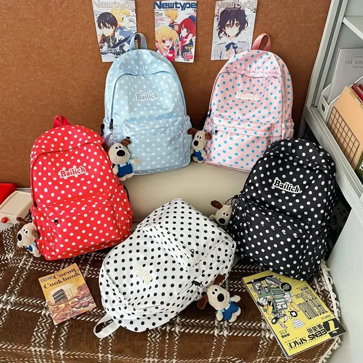 Tas Ransel Wanita Bahan Nylon Motif Polkadot Warna Merah Bentuk Kotak Tali Grosir Import