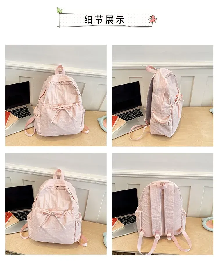 Tas Ransel Wanita Bahan Nylon Polos Warna Pink Bentuk Kotak Tali Lebar Resleting Motif Print