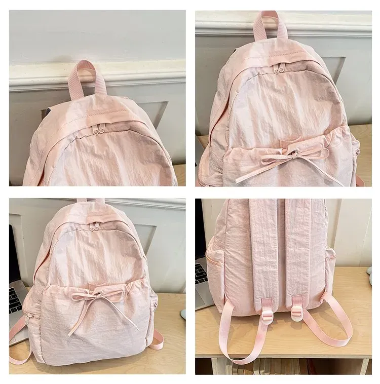 Tas Ransel Wanita Bahan Nylon Polos Warna Pink Bentuk Kotak Tali Lebar Resleting Motif Print