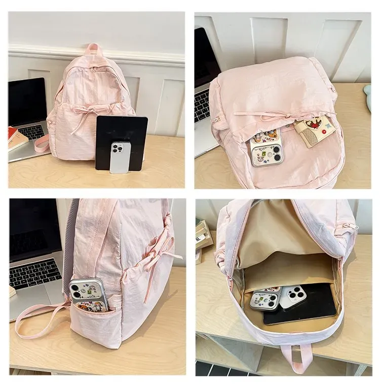 Tas Ransel Wanita Bahan Nylon Polos Warna Pink Bentuk Kotak Tali Lebar Resleting Motif Print