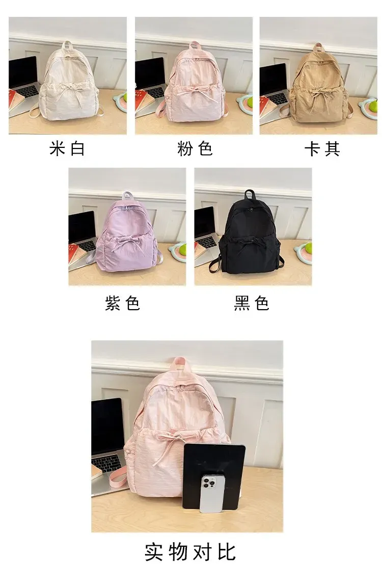 Tas Ransel Wanita Bahan Nylon Polos Warna Pink Bentuk Kotak Tali Lebar Resleting Motif Print