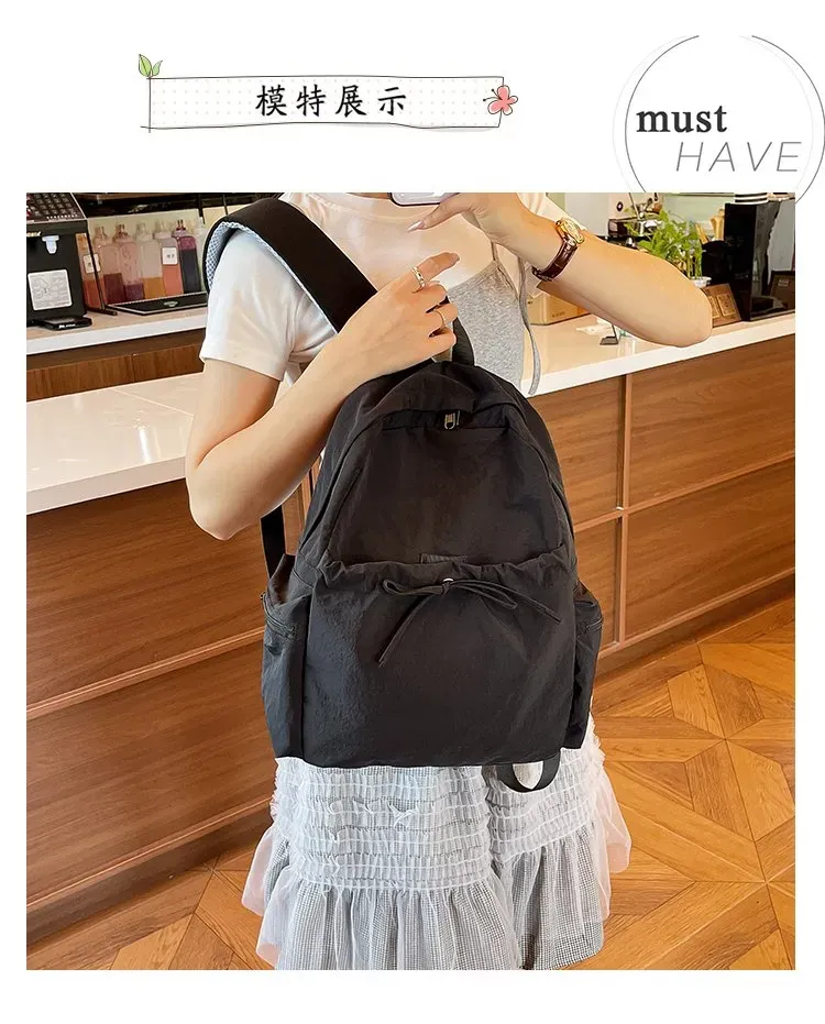 Tas Ransel Wanita Bahan Nylon Polos Warna Pink Bentuk Kotak Tali Lebar Resleting Motif Print