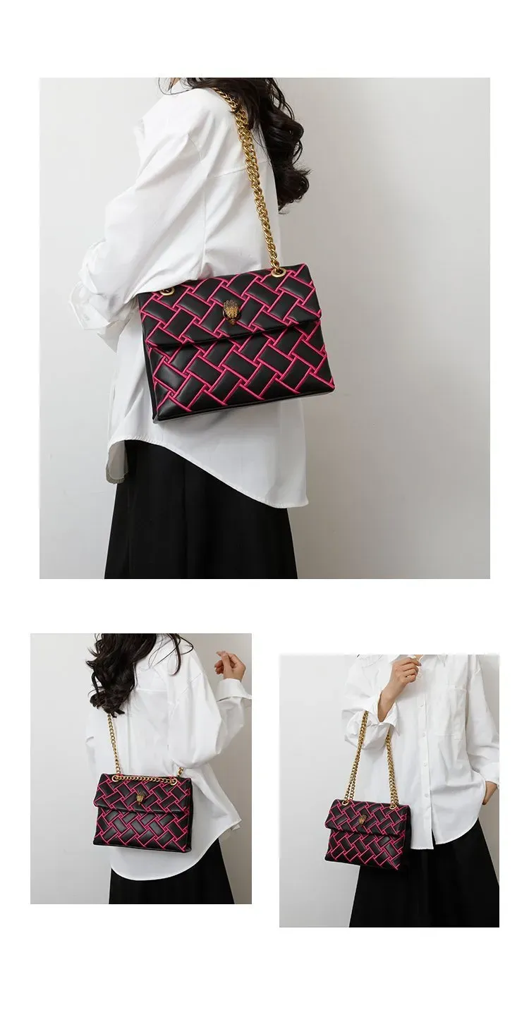 Tas Selempang Wanita Bahan PU Sintetis Motif Print Warna Pink Bentuk Kotak Tali Koleksi
