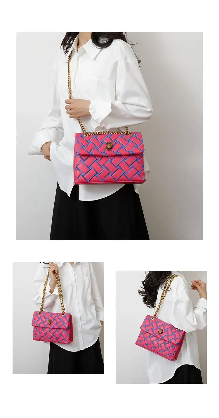 Tas Selempang Wanita Bahan PU Sintetis Motif Print Warna Pink Bentuk Kotak Tali Koleksi