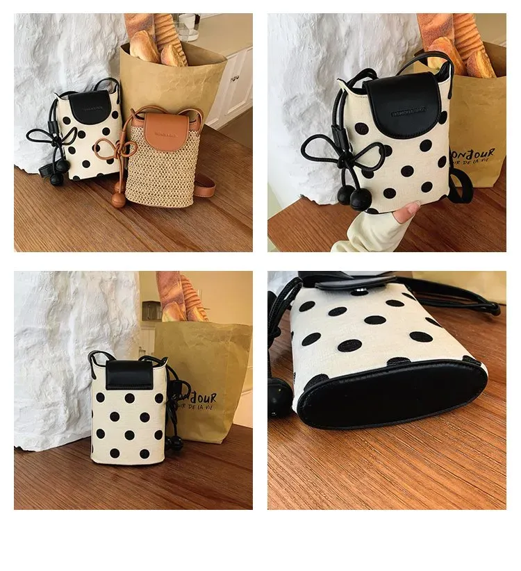 Tas Selempang Wanita Bahan PU Sintetis Motif Polkadot Bentuk Kotak Tali Panjang Resleting