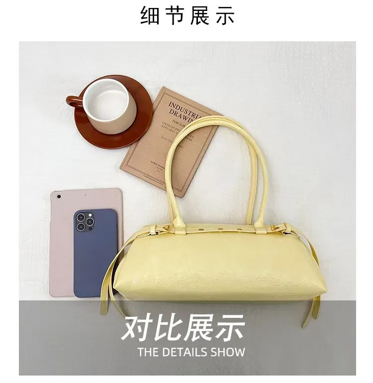 Tas Selempang Wanita Bahan PU Sintetis Polos Warna Kuning Bentuk Kotak Tali Model Import