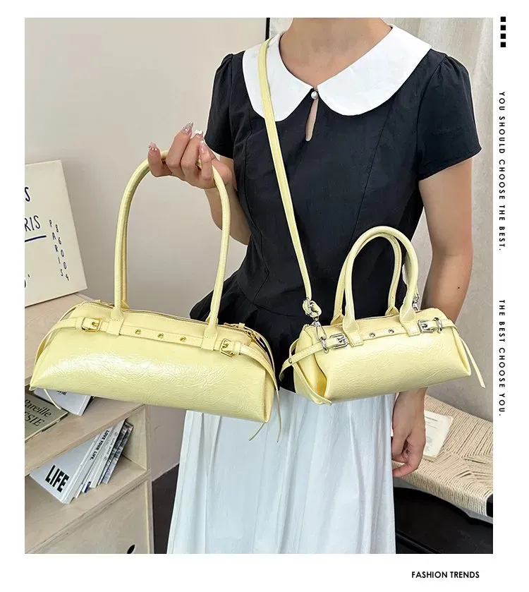 Tas Selempang Wanita Bahan PU Sintetis Polos Warna Kuning Bentuk Kotak Tali Model Import