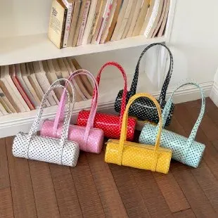Tas Selempang Wanita Bahan PU Sintetis Motif Polkadot Warna Putih Bentuk Bulat untuk Reseller